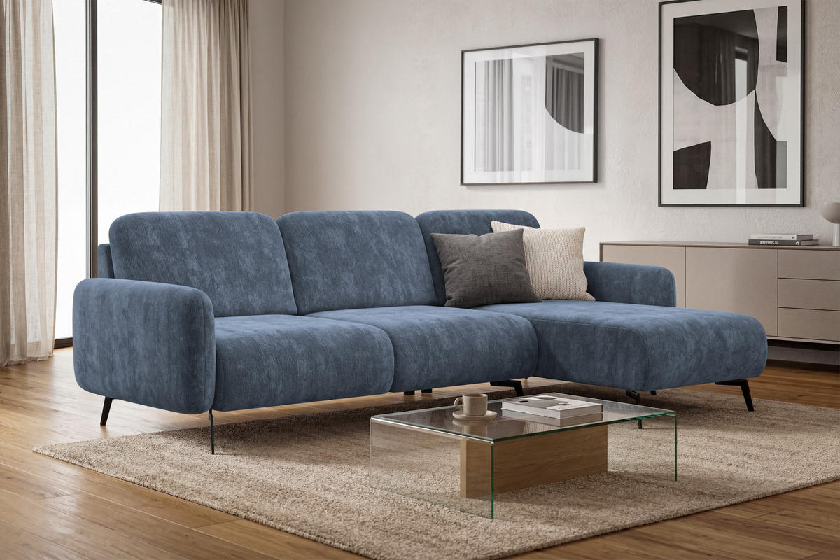 ECKSOFA FEBE 4-Sitzer RECHTS, marineblauer Chenille-Stoff - Blau/Schwarz, Holz/Textil (264/157cm) - Wozimo