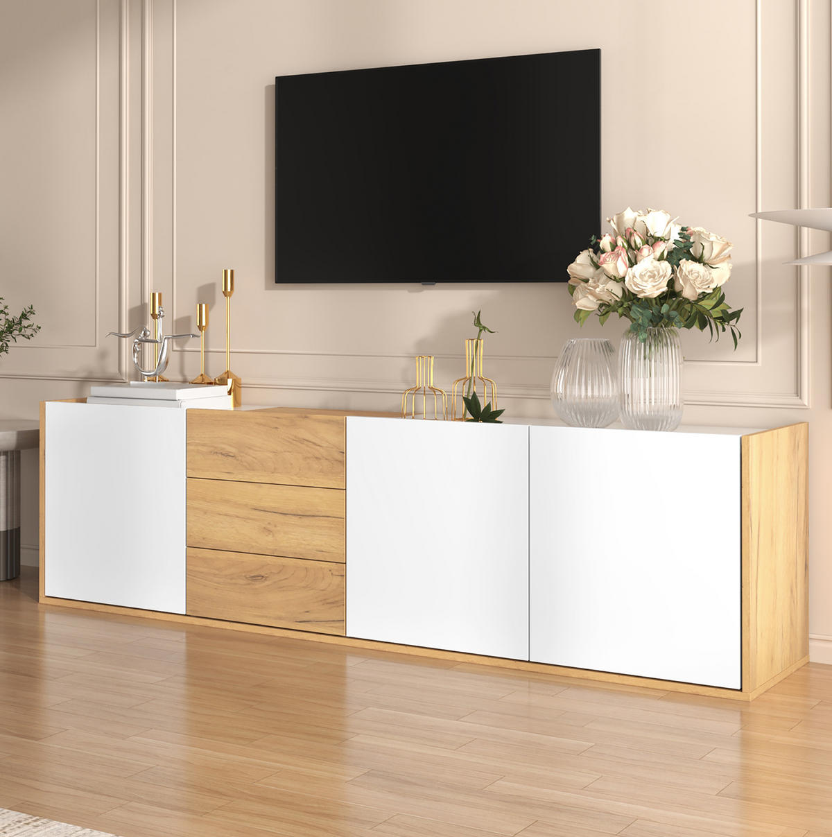 TV-SCHRANK 171,5/35/47 cm weiß Holz MDF mit 3 Türen und 3 Schubladen - Weiß, Holzwerkstoff (171.5/47/35cm) - OKWISH