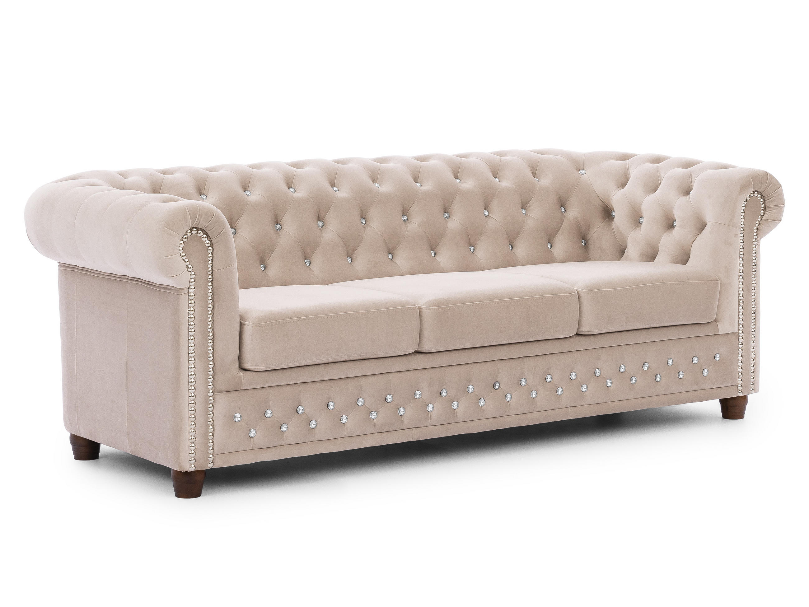 CHESTERFIELD-SOFA 3-sitzer Cleo Blink Beige Samt mit Kristallsteppung und braunen Massivholzfüßen - Beige/Braun, Holz/Textil (203/72/86cm) - S-Style Möbel