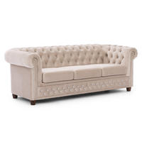 CHESTERFIELD-SOFA 3-sitzer Cleo Blink Beige Samt mit Kristallsteppung und braunen Massivholzfüßen - Beige/Braun, Holz/Textil (203/72/86cm) - S-Style Möbel