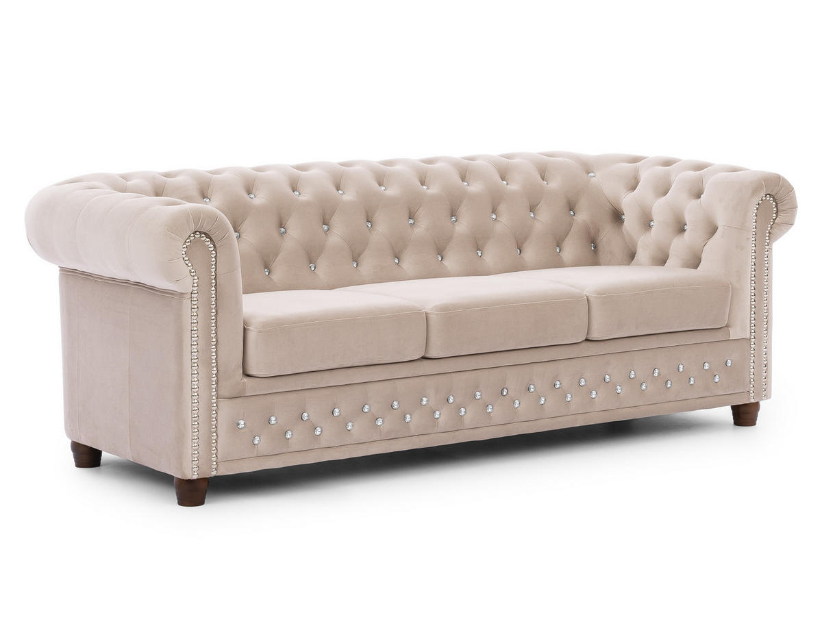 CHESTERFIELD-SOFA 3-sitzer Cleo Blink Beige Samt mit Kristallsteppung und braunen Massivholzfüßen - Beige/Braun, Holz/Textil (203/72/86cm) - S-Style Möbel