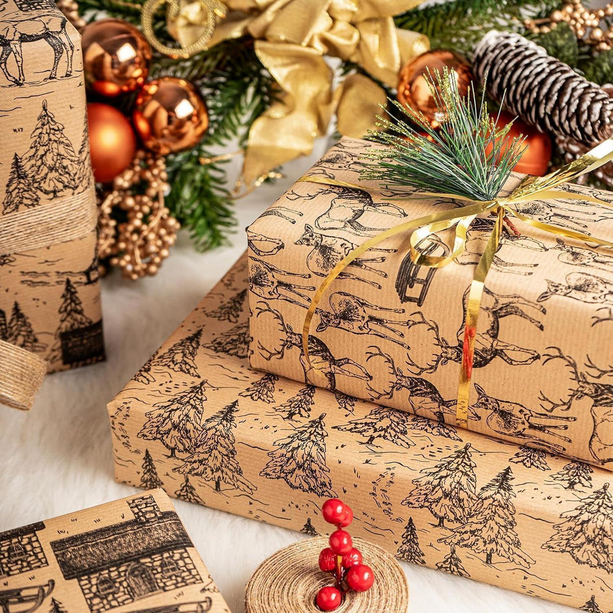 GESCHENKPAPIER 4 Rollen Kraft-Weihnachtslandschaft 43,5 x 305 cm - Braun, Papier (4/44/15cm)