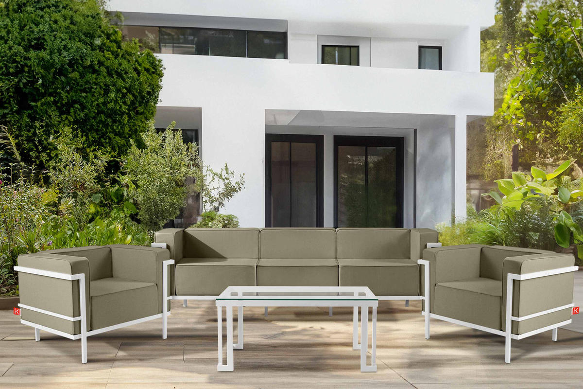 GARTENSOFA TRIGLO 3-Personen, Stahlrahmen, Modern, Weiß/Beige - Beige/Weiß, Textil/Metall (229/70/69cm) - KONSIMO®