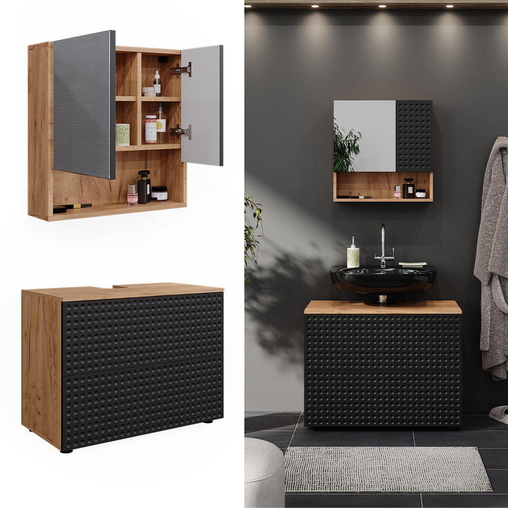 BADMÖBEL-SET Irma Anthrazit gepunktet 2 Teile - Anthrazit/Eiche Wotan, Holzwerkstoff (80/58.6/41cm) - Vicco