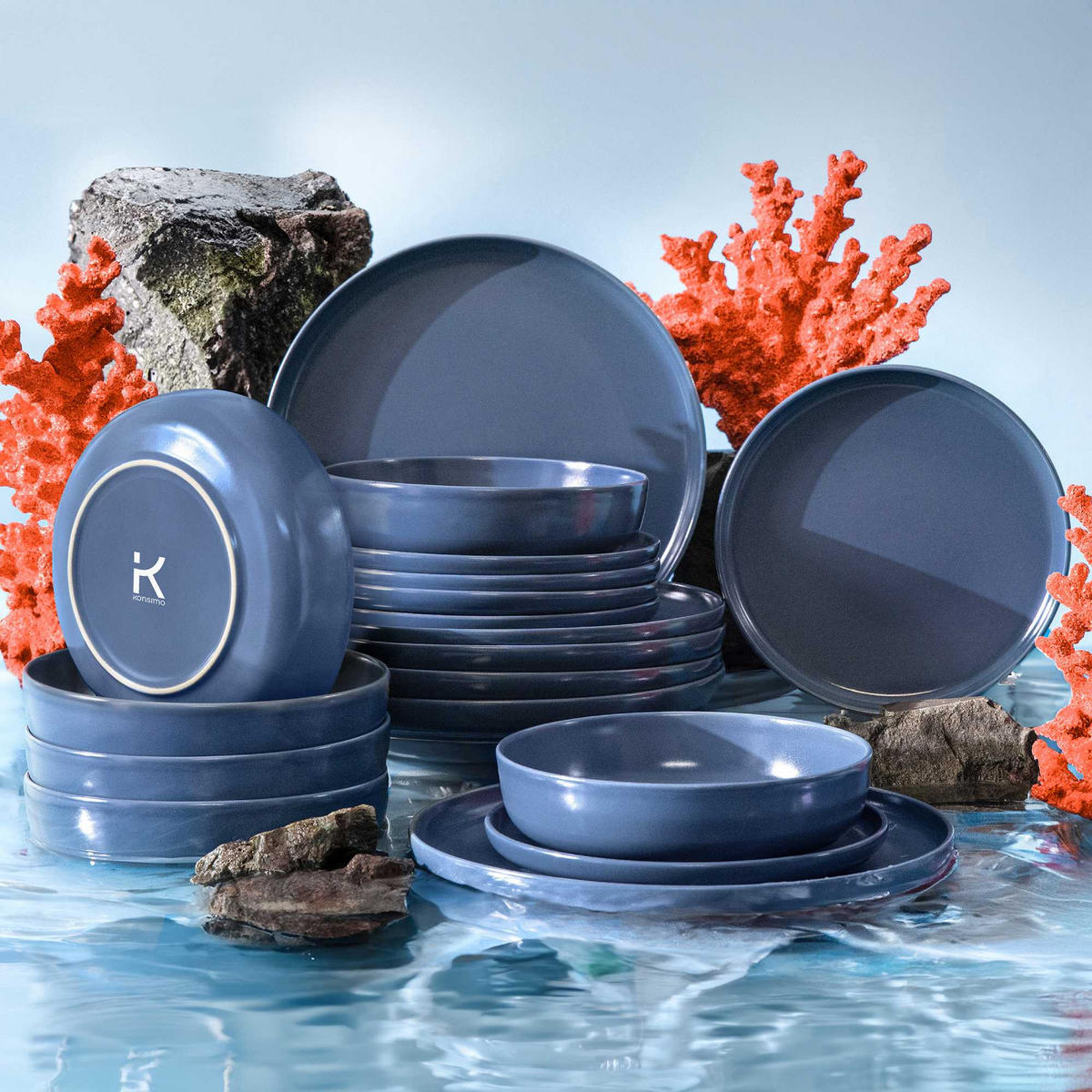 TAFELSERVICE VICTO 6 Personen 18-tlg matt blau - Blau, Keramik (27/2/27cm) - KONSIMO®