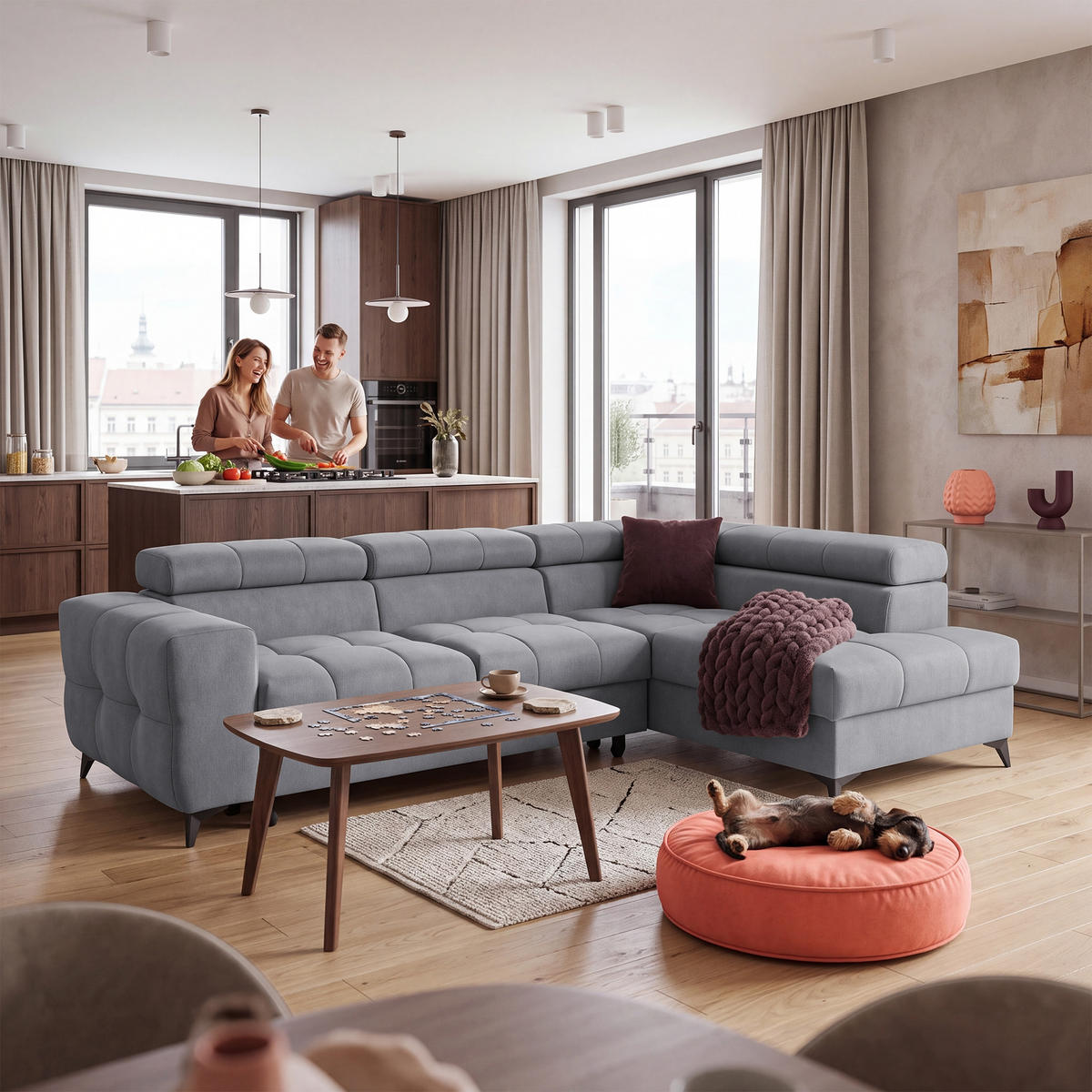 ECKSOFA PUDDING S Rechts mit Schlaffunktion 125x195 Velours Dunkelgrau - Dunkelgrau/Schwarz, Holz/Textil (275/177cm) - Muffo