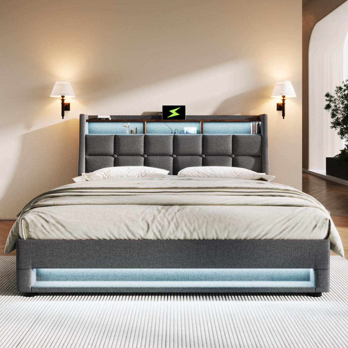 ČALOUNĚNÁ postel 145/210/117 cm, len šedá, LED s USB a úložným prostorem - šedá, textil (140/200cm) - BEAOK