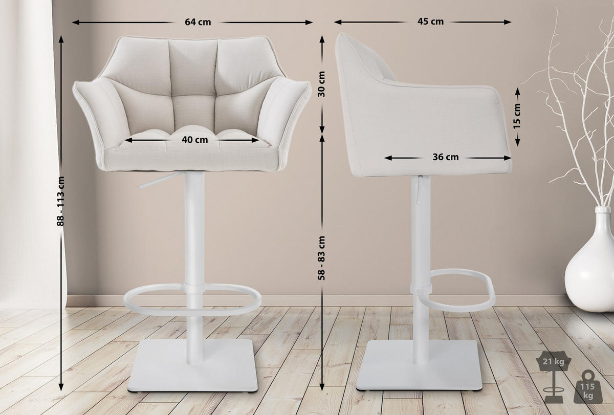 BARHOCKER 2er Set Damaskus Stoff weiß weiß - Weiß, Textil/Metall (64/110/48cm) - TPFLiving
