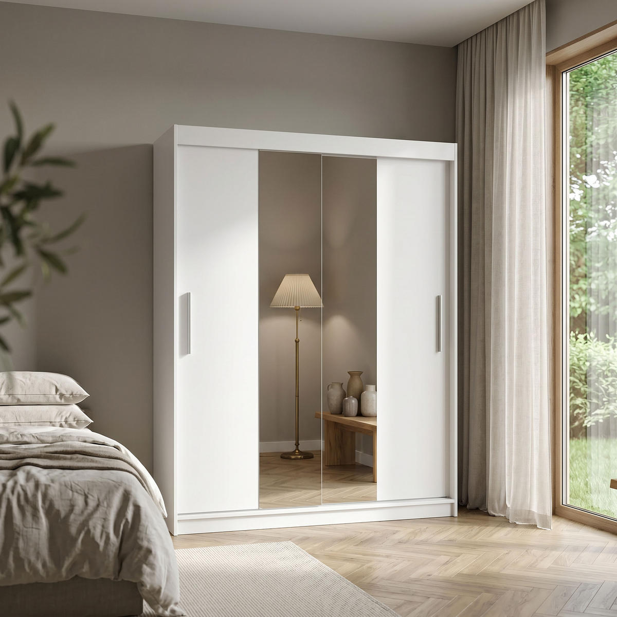 SCHWEBETÜRENSCHRANK VIVA 200/215,5/59cm 2-türig mit Spiegel Weiß - Weiß, Holzwerkstoff (200/215.5/59cm) - MASSENO