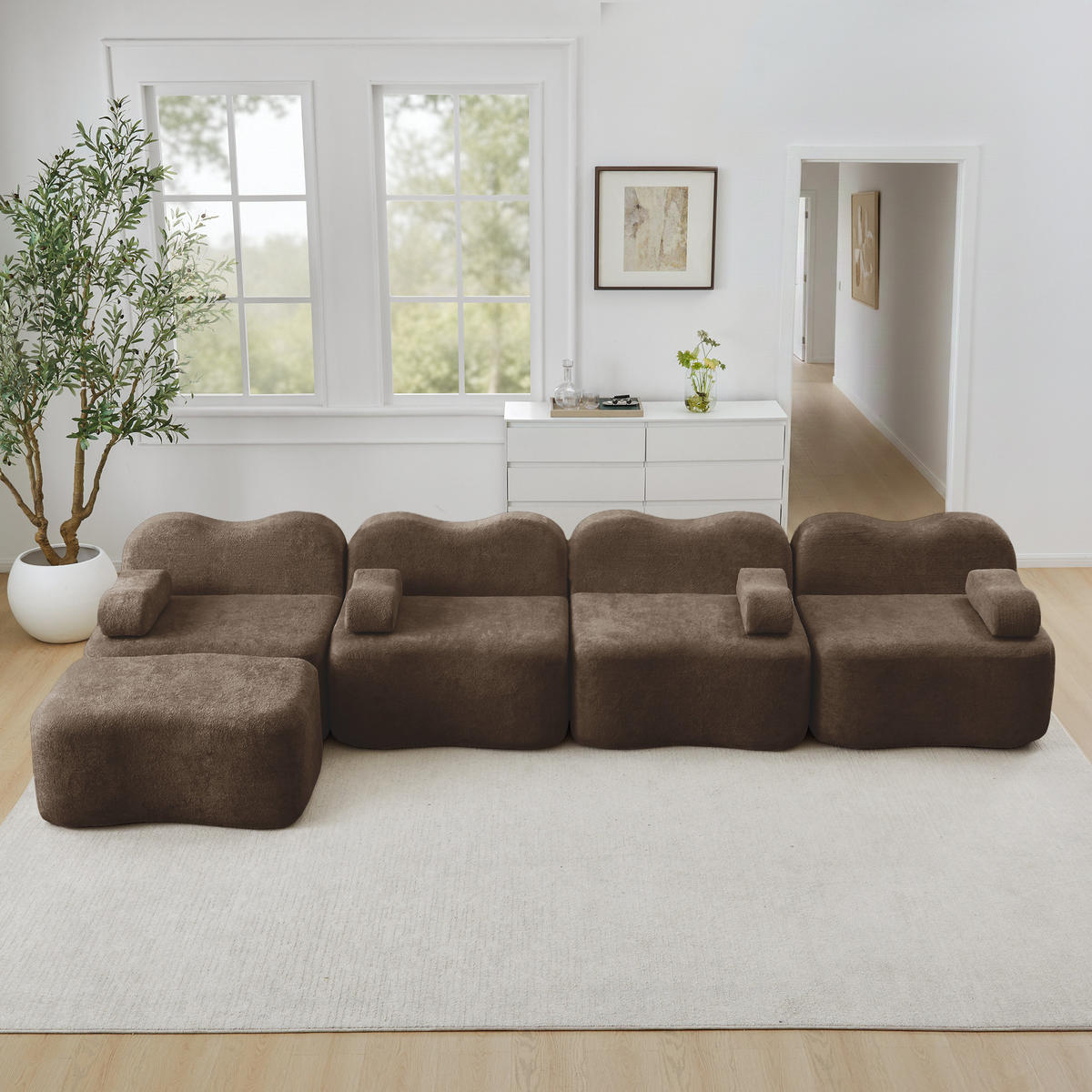 4-SITZER Sofa 384x167x70 cm aus Samtstoff rahmenlos modular mit Ottoman, braun - Braun, Textil (167/70/384cm)