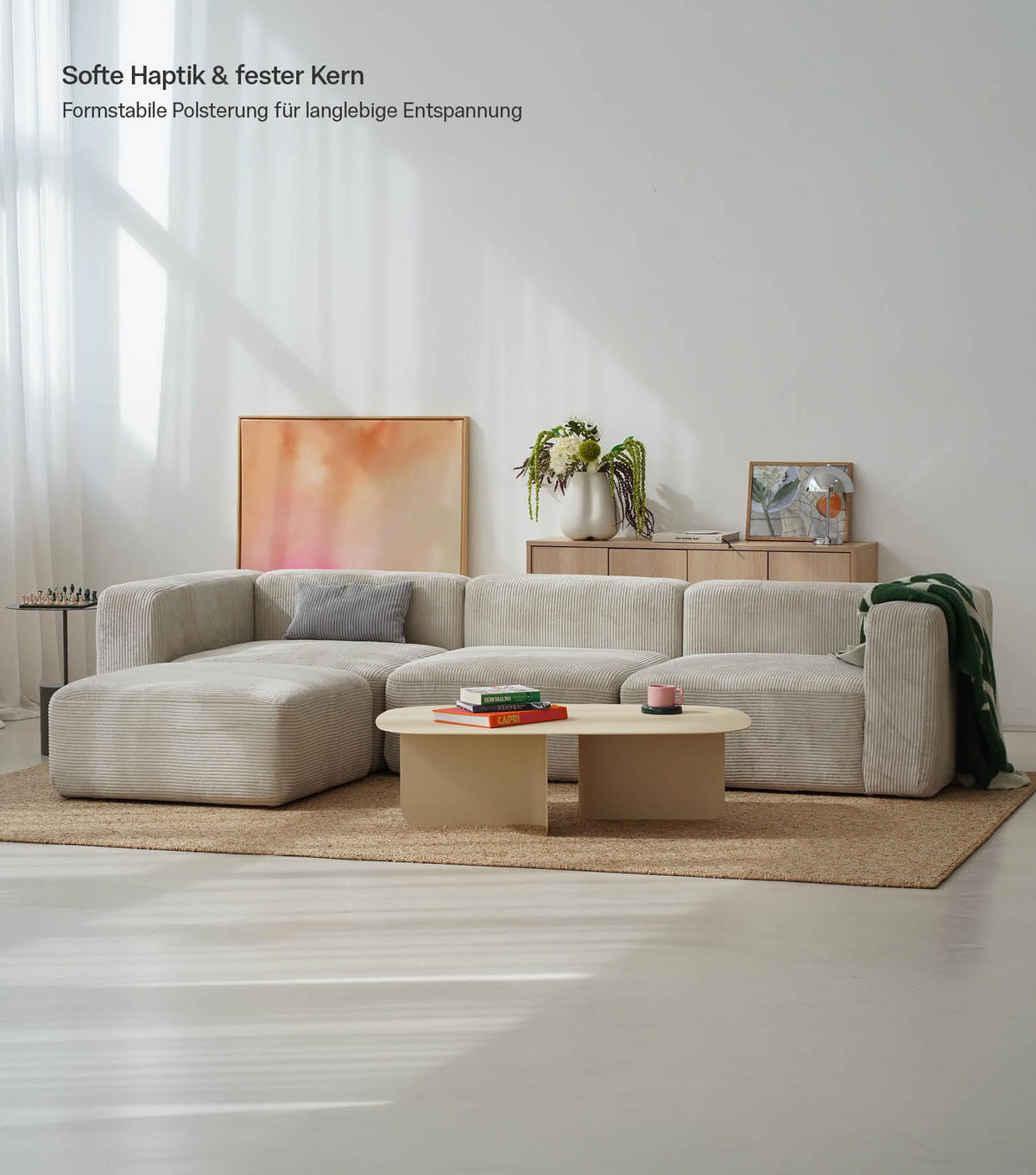 SOFA modular Cubo 4-Sitzer inkl. Hocker - Beige, Textil (314/201cm) - Mokebo