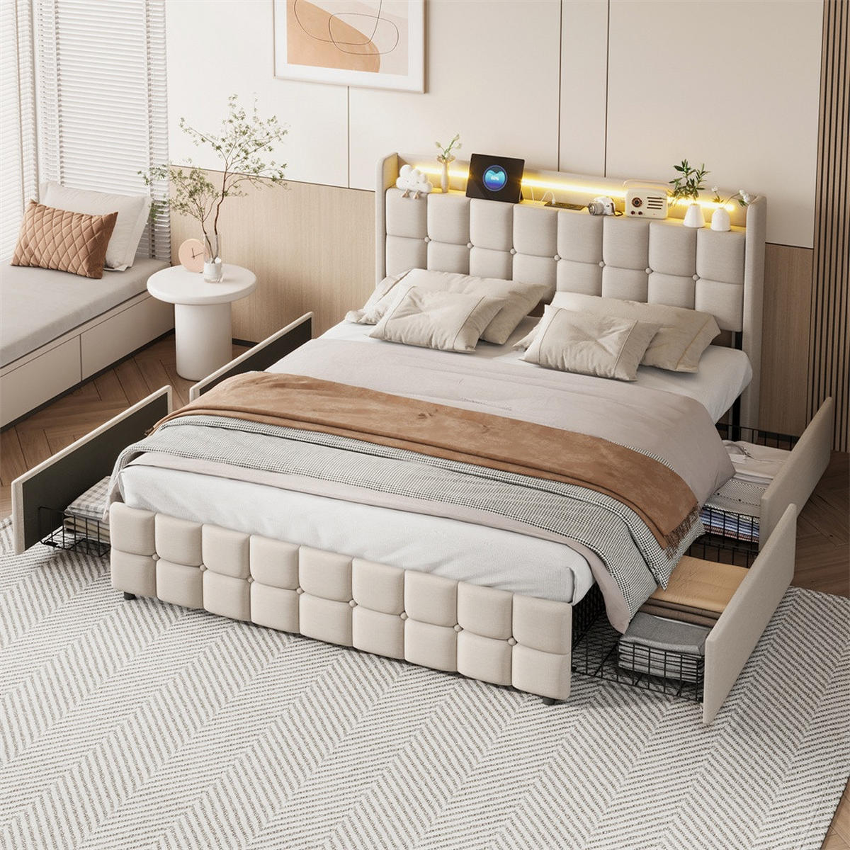 POLSTERBETT 180x200 cm Square Smart mit RGB-LED, EU-Steckdosen & USB-Ports, 4 Schubladen, Leinen-Optik, Beige - Beige, Textil (180/200cm) - DELFA