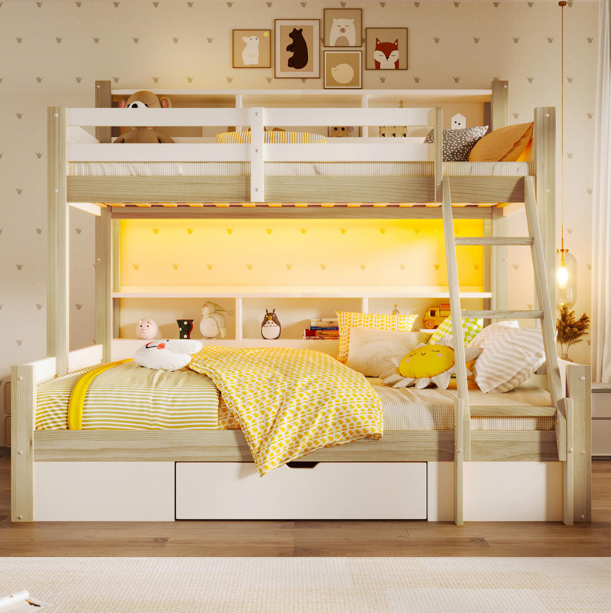 ETAGENBETT 90/200 & 140/200 cm aus Kiefernholz mit LED-Beleuchtung und Stauraum Weiß/Natur - Weiß, Holz (90/200cm) - Modenvie