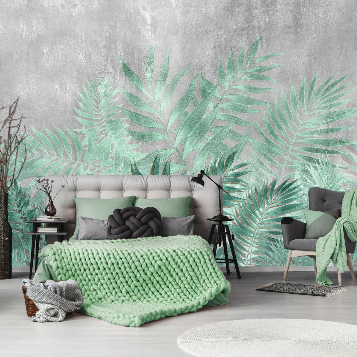 FOTOTAPETE Blätter Beton Grün 312x219 cm - Multicolor, Papier (312/219cm) - Wallarena