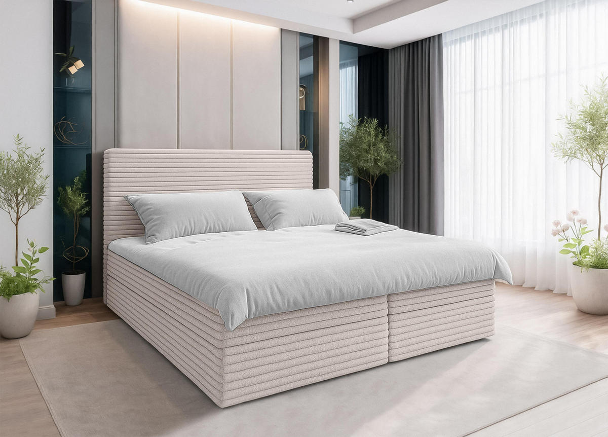BOXBETT SEVDAYLA 140x200 cm mit Bettkasten und Matratze - Beige - Beige/Schwarz, Holz/Holzwerkstoff (140/200cm) - AX Living