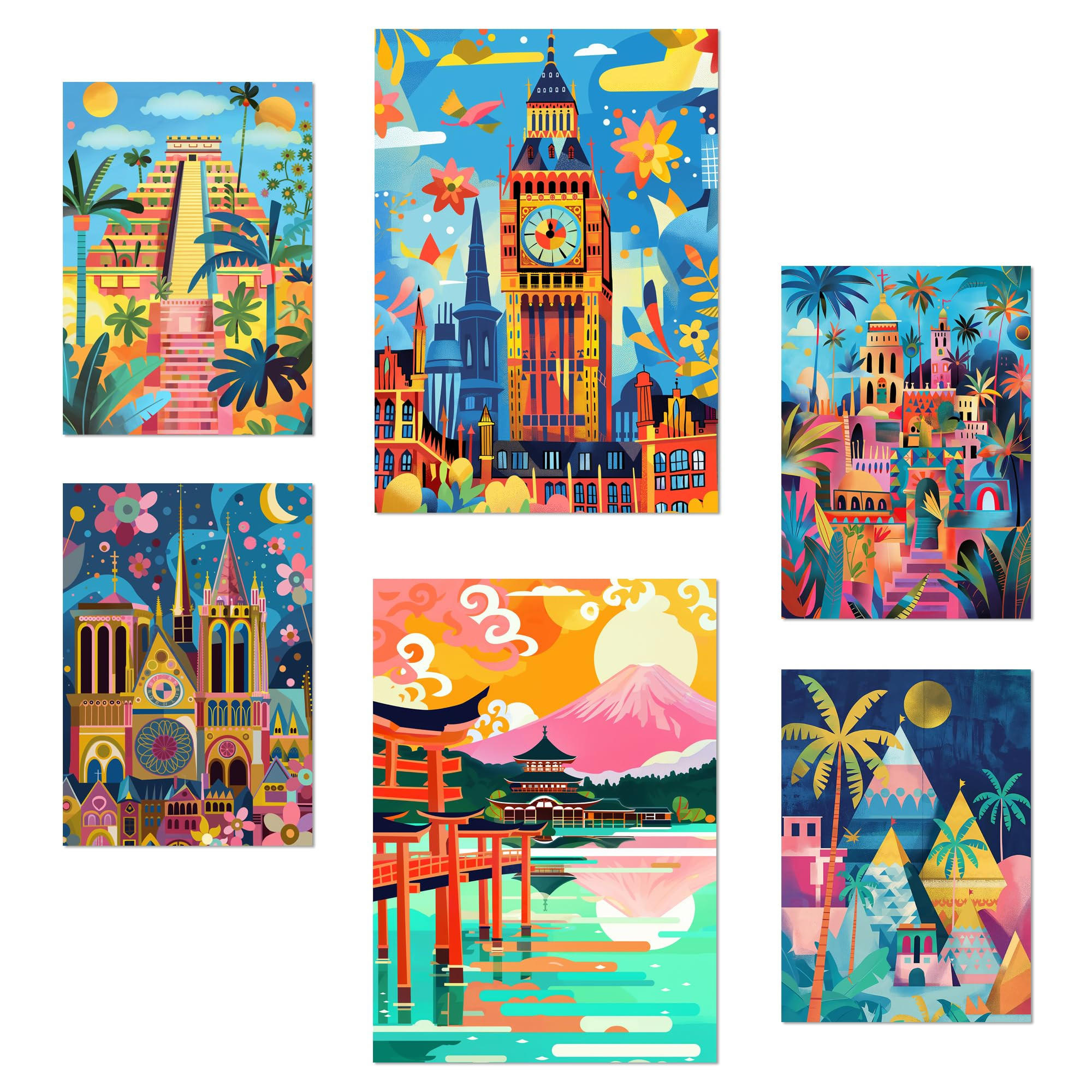POSTER Set Mit 6 Von Mary Blair Inspirierte Luxor Big Ben Ägypten Chichen Itza Notre Dame Itsukushim A3 & A4 Rahmenlos - Klar, Papier (29/3cm) - Nacnic