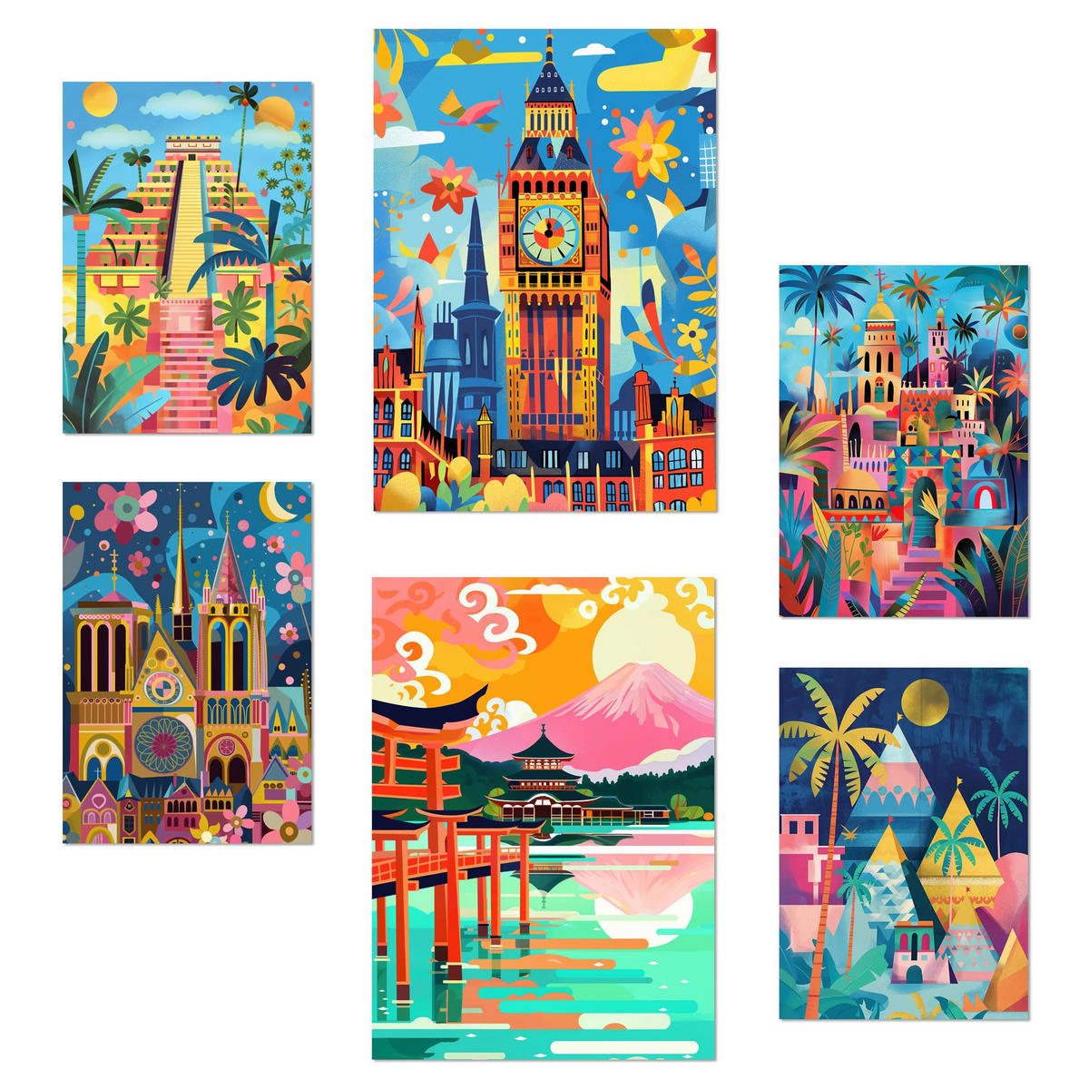 POSTER Set Mit 6 Von Mary Blair Inspirierte Luxor Big Ben Ägypten Chichen Itza Notre Dame Itsukushim A3 & A4 Rahmenlos - Klar, Papier (29/3cm) - Nacnic