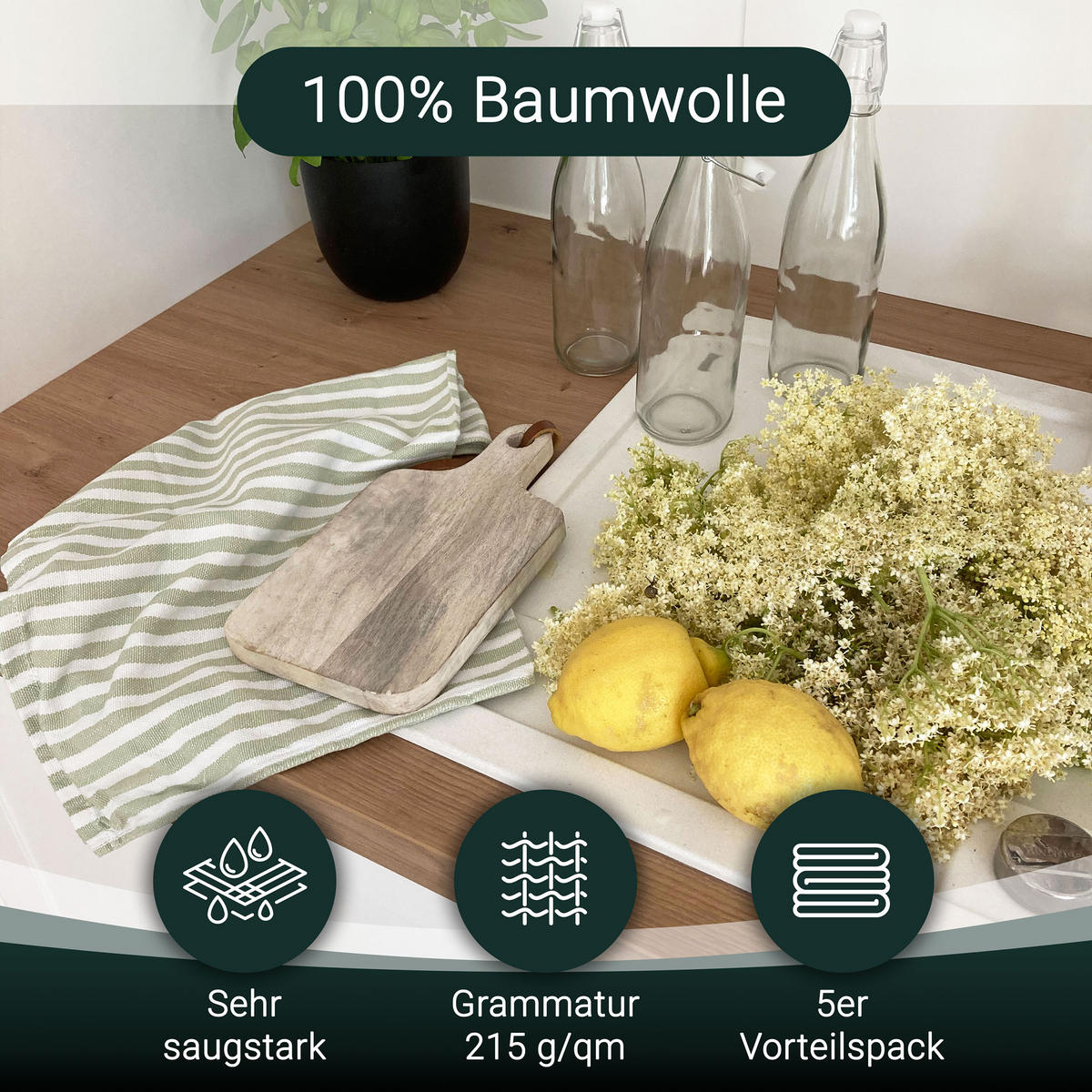 GESCHIRRTÜCHER, 5er-Set, 50x70 cm, 100% Baumwolle, Grün - Hellgrün, Textil (50/70cm) - Zollner