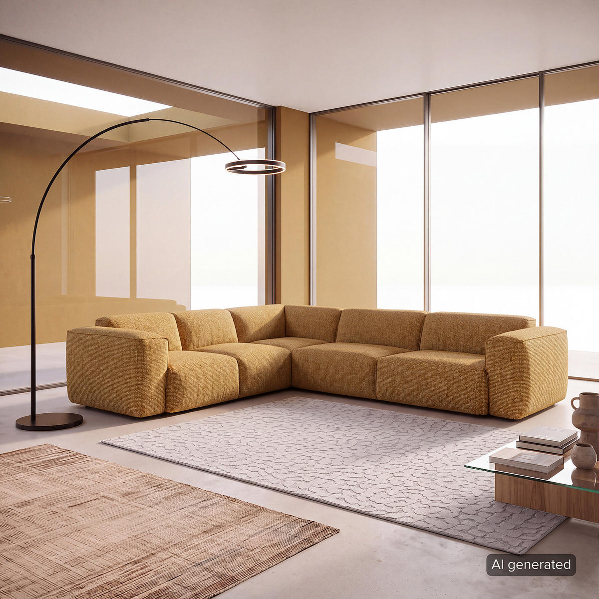 ECKSOFA mit Rundecke - Schwarz/Honig, Kunststoff/Textil (325/260cm) - home24