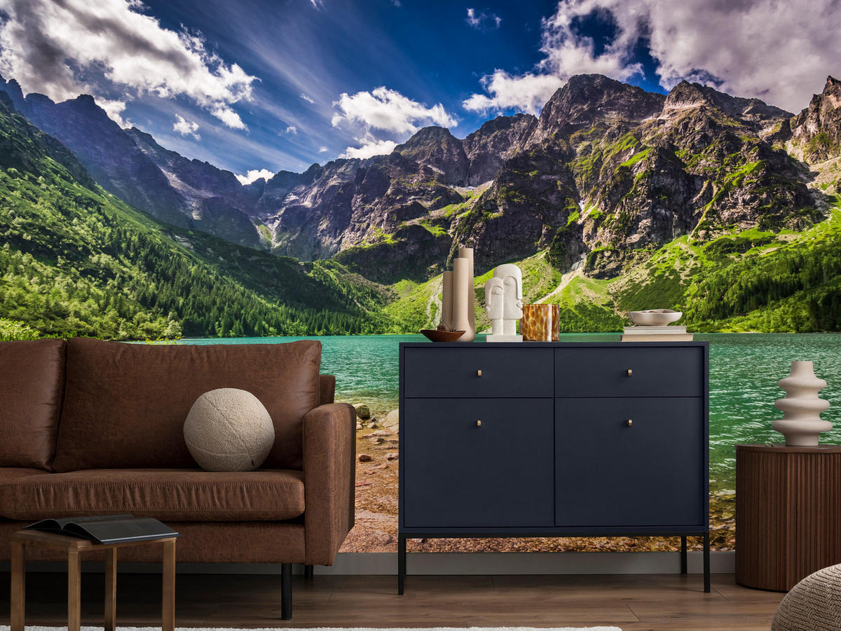 FOTOTAPETE Morskie Oko See Berge Landschaft 3D 250x175 - Türkis/Braun, Papier (250/175cm) - Muralo