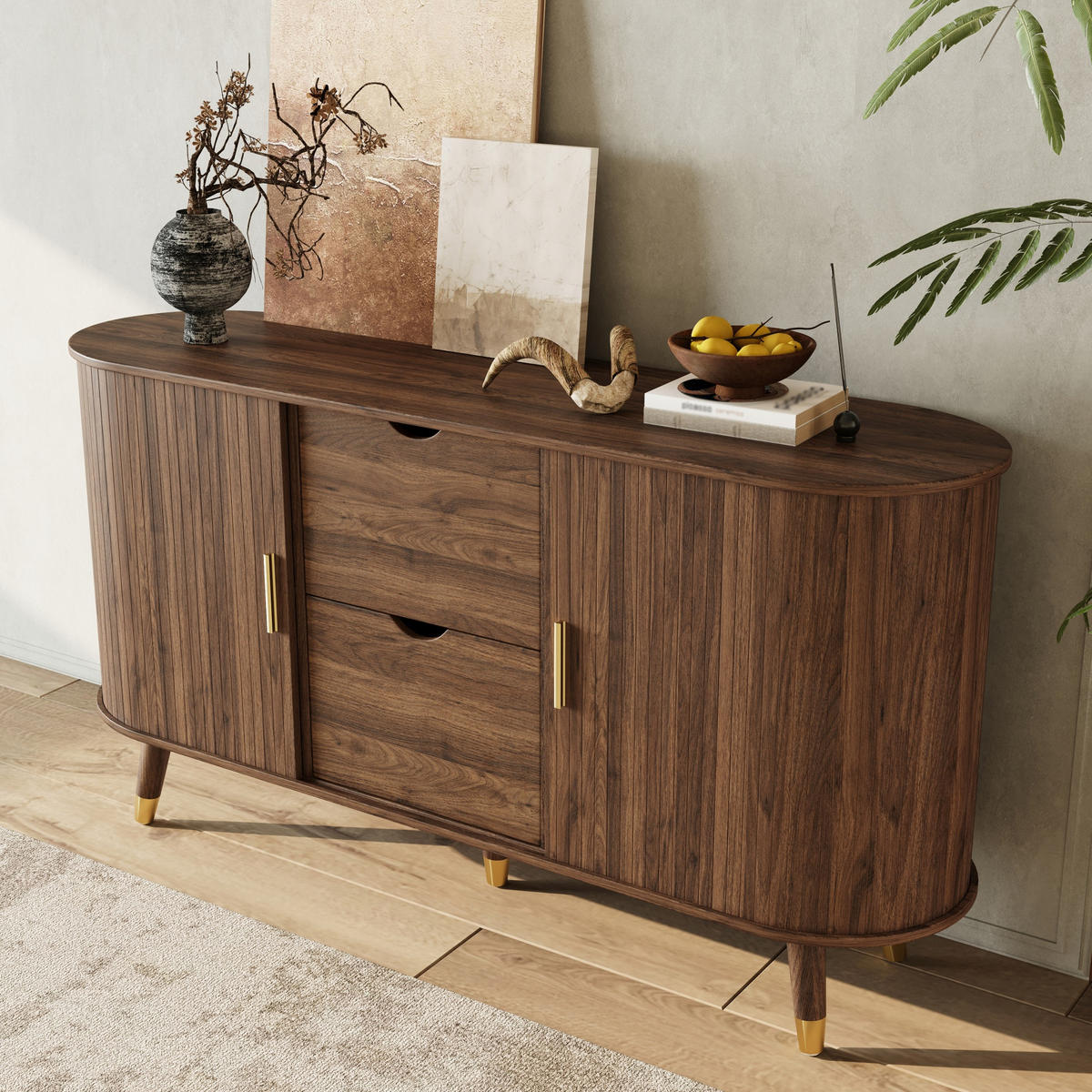 SIDEBOARD in Nussbaumfarben Kommode mit vertikaler Maserung, 2 Schiebetüren und 2 Schubladen , B140/T40/H79.5cm - Nussbaumfarben, Holzwerkstoff/Metall (140/79.5/40cm) - STILVORA