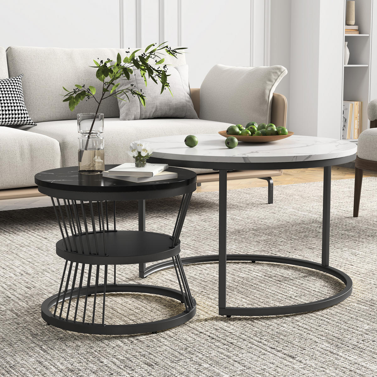 WOHNZIMMER tisch rund 2er Set, Couchtisch mit Marmoroptik für Wohnzimmer - Schwarz, Metall (70/70/45cm) - PARAFTA HOME