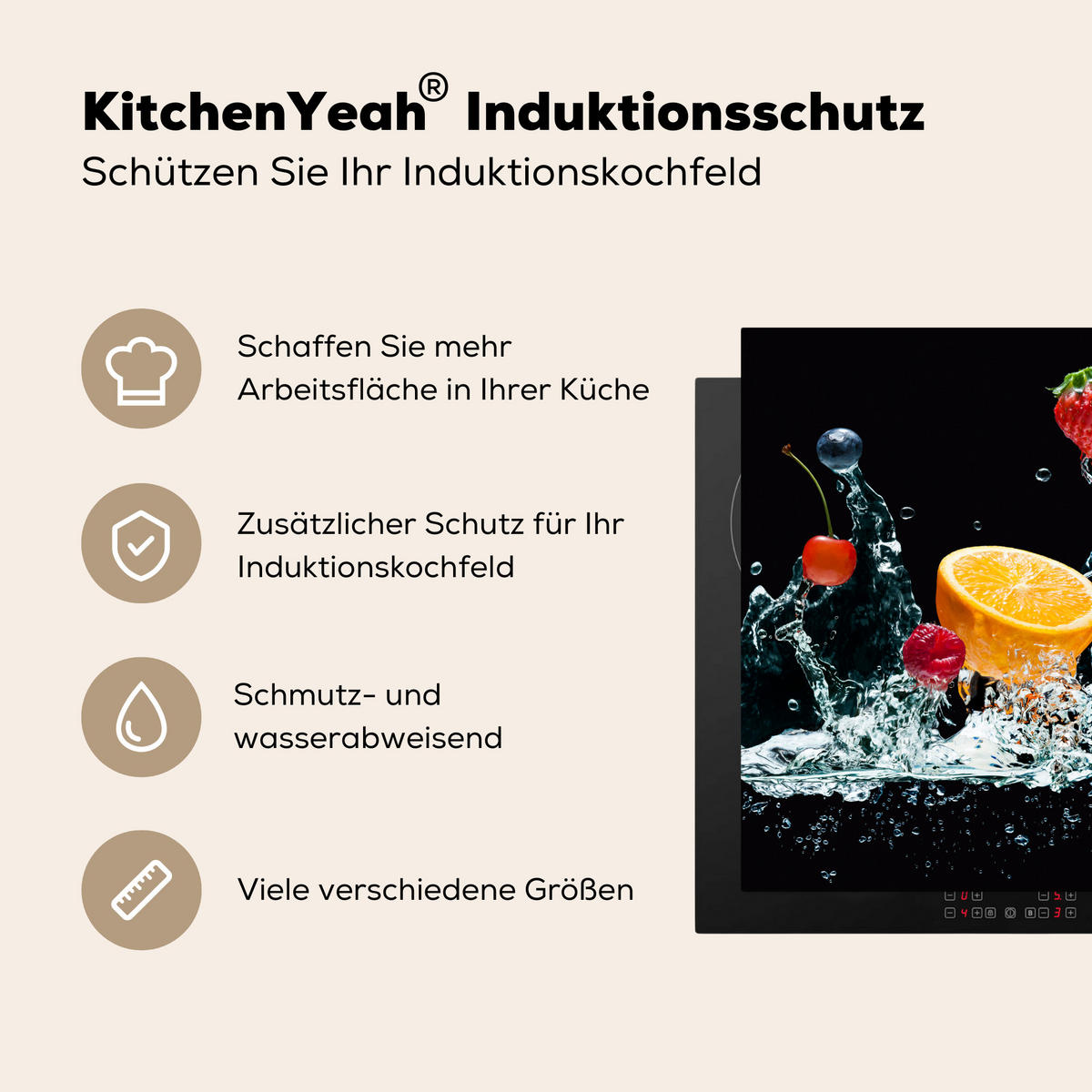 HERDABDECKPLATTE Wasser - Obst - Orange - Erdbeere - Kirsche - Schwarz 78x78 cm - Orange, Kunststoff (78/78/0.2cm) - MuchoWow