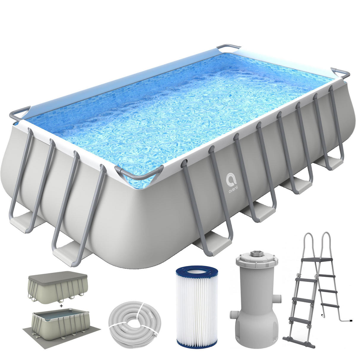 POOL Komplettset rechteckig 549 x 305 x 122 cm grau mit Filterpumpe und Leiter - Grau, Kunststoff/Metall (305/122/549cm) - Avenli