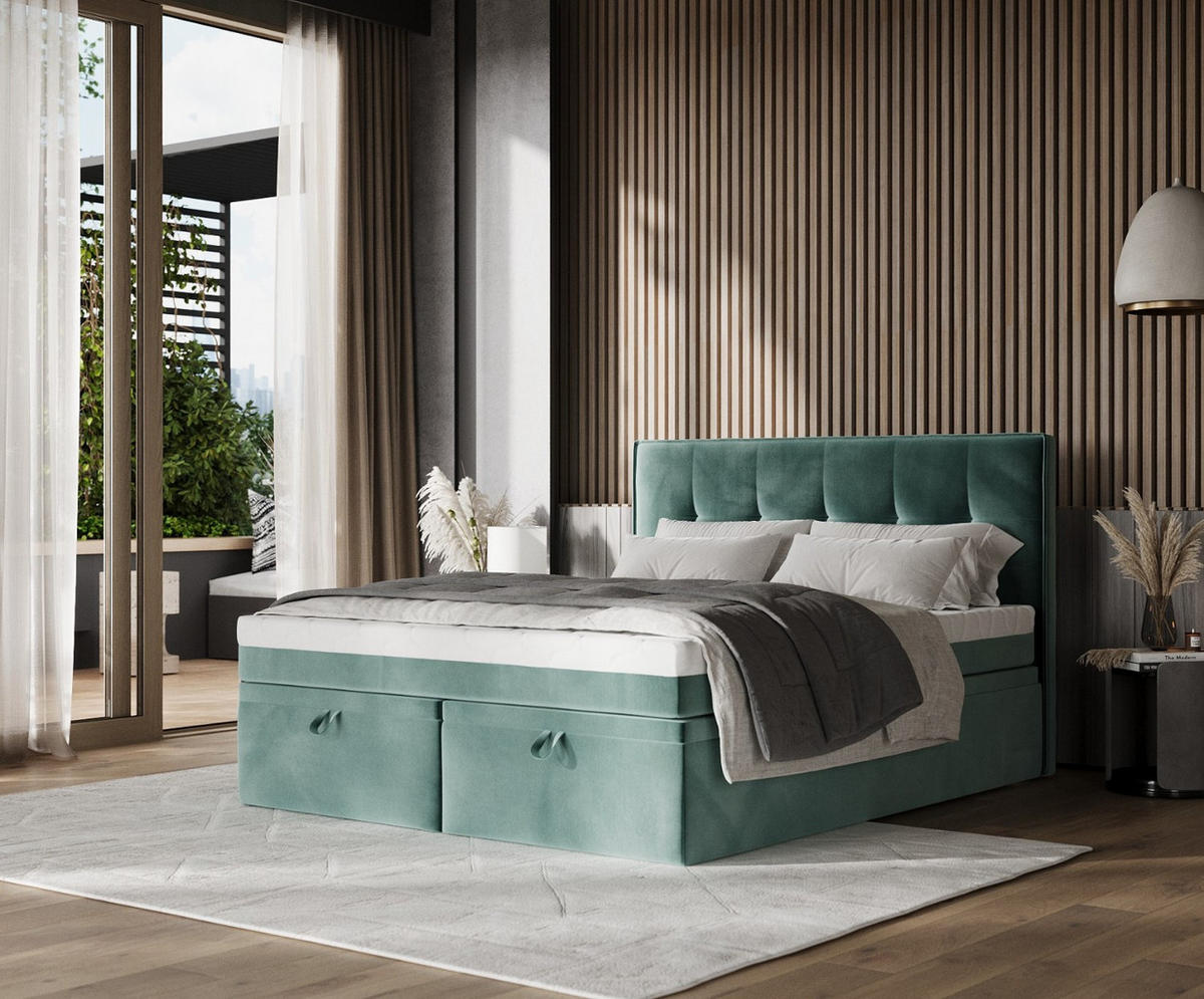 BOXBETT Arivo 160/200 cm Türkis im Kronos Stoff - Türkis/Schwarz, Holz/Holzwerkstoff (160/200cm) - AltaBeds