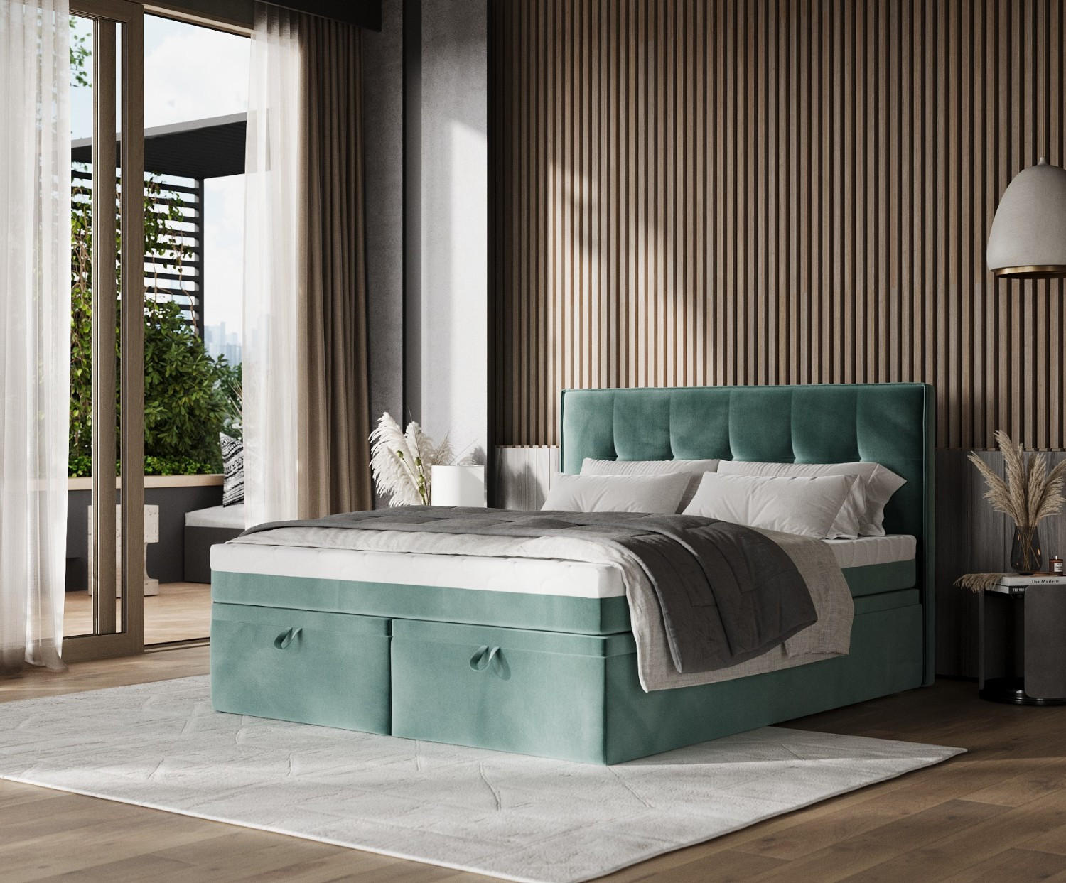 Thumbnail - AltaBeds Boxbett, Türkis, Textil, Buche, Kiefer, H2, Höhe ca. 20 cm, 180x200 cm, Oeko-Tex® Standard 100, Handmade in Eur...