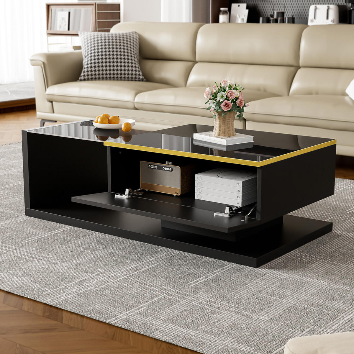 COUCHTISCH 100cm Schwarz Hochglanz LED Effekt Glasplatte Beistelltisch - Schwarz, Holz (112.98/60.96/14.99cm) - FLIEKS