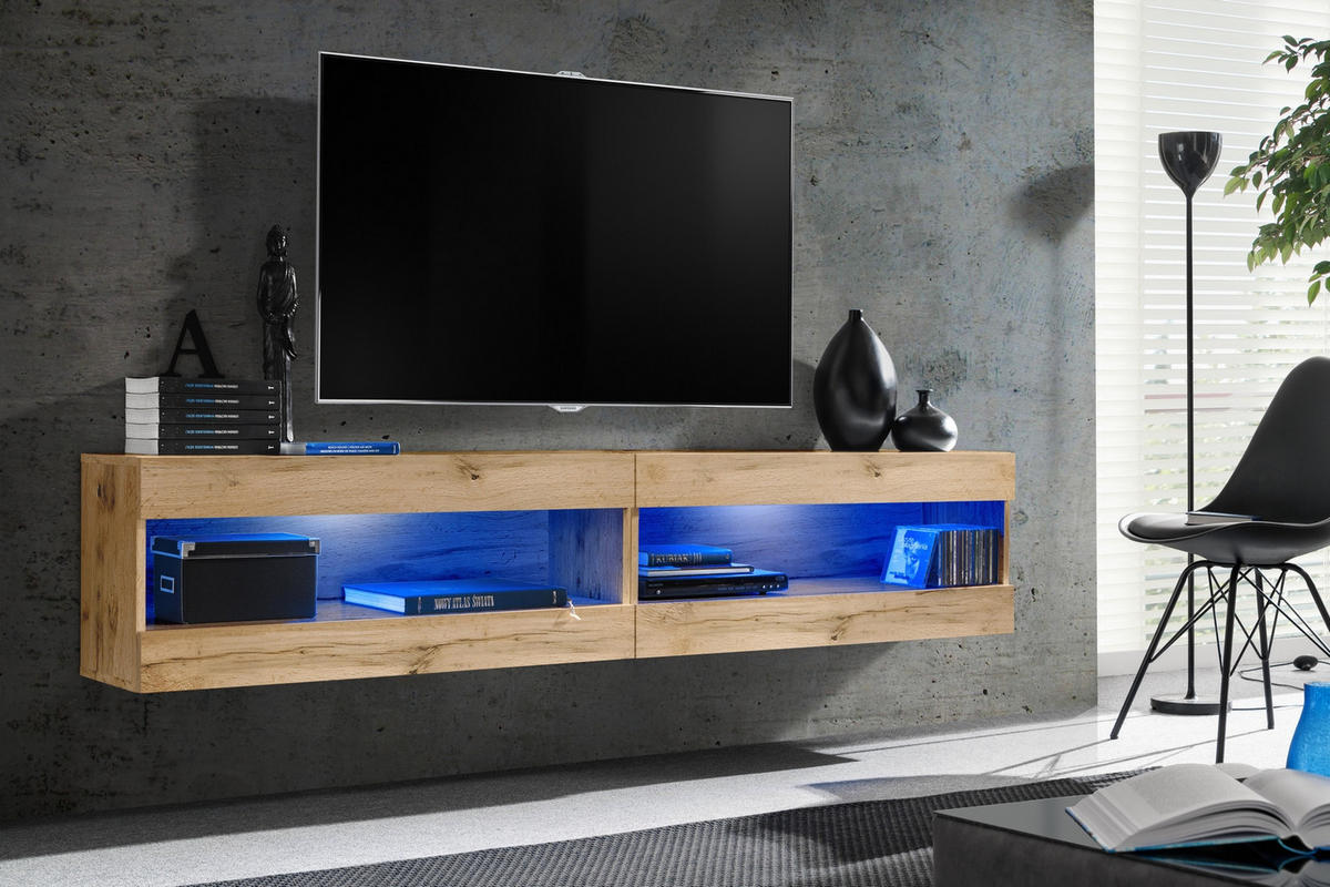 2-ER Set, Wohnwand TIVOLI SET4+BLU Offener Raum Wotan + Wotan - Eiche Wotan/Weiß, Glas/Holzwerkstoff (200/41/35cm) - Komodee