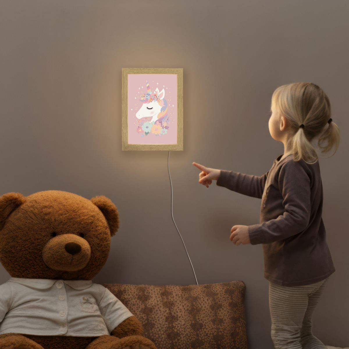 NACHTTISCHLAMPE Einhorn - Rosa - Blumen 15x20 cm - Rosa, Holzwerkstoff (8/15/20cm)