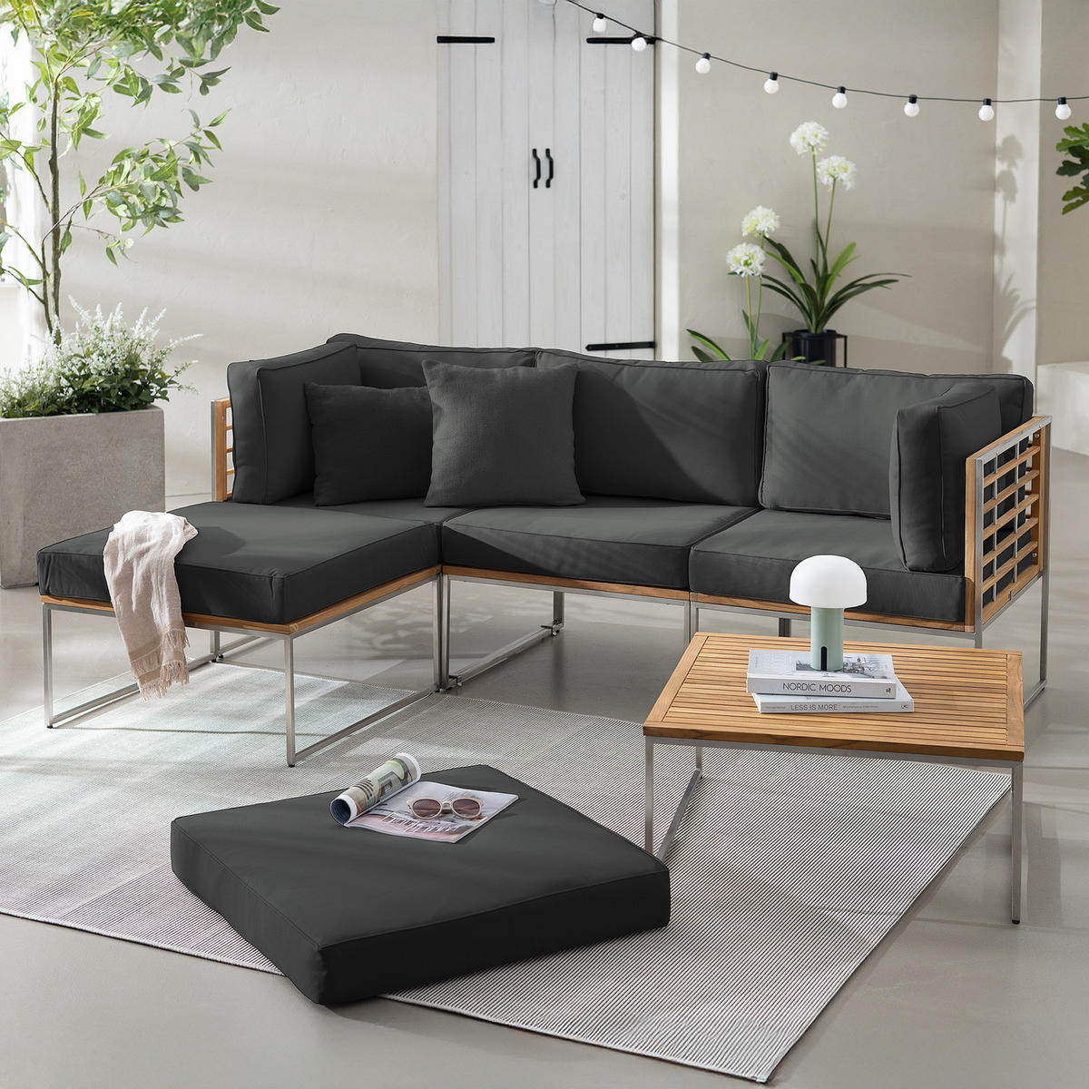 LOUNGESET - 5-teilig - Webstoff / Teak massiv - Anthrazit, Holz/Textil - home24