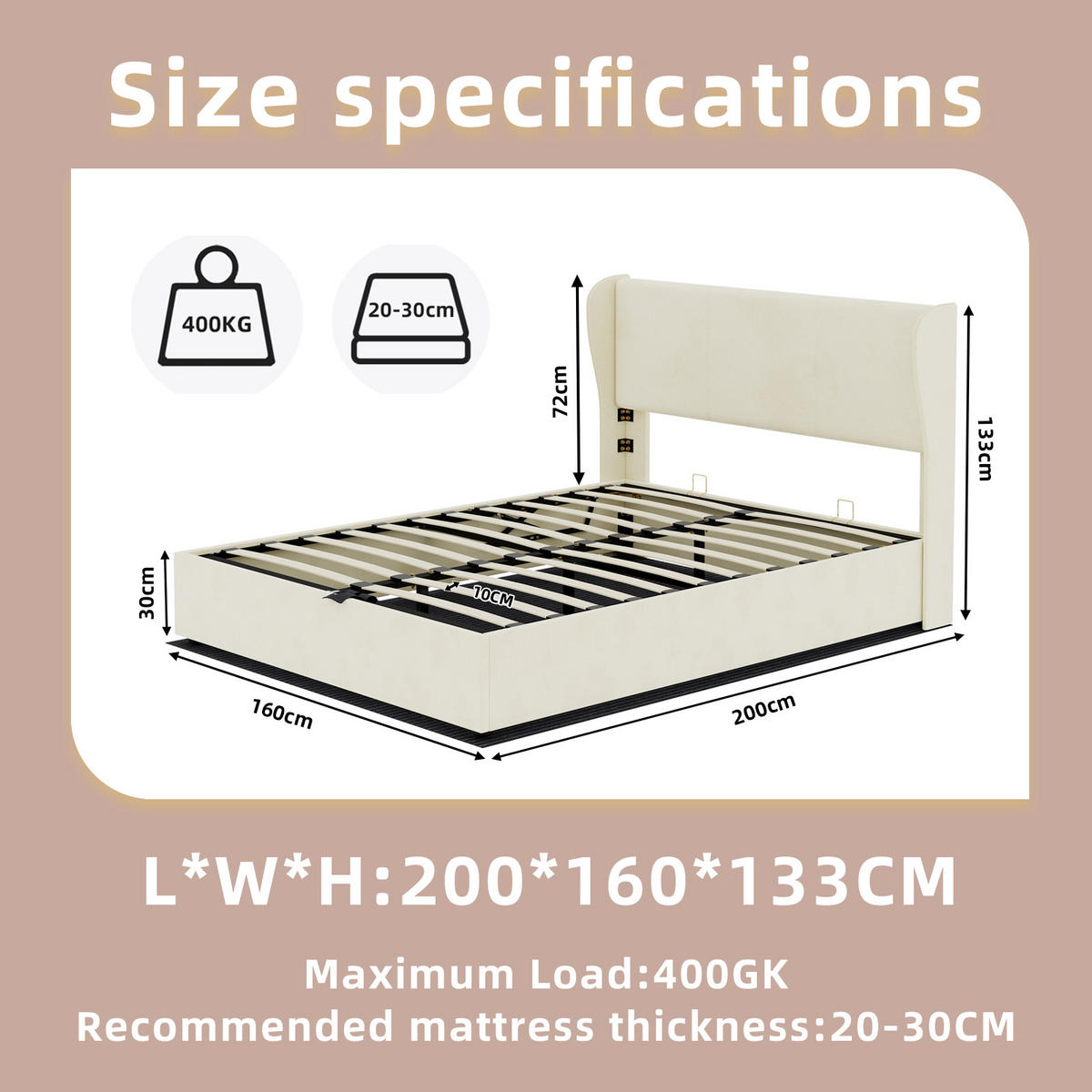 STAURAUMBETT 160/200 cm DE-35479 mit Gaslift-Staufach Beige - Beige, Metall (160/200cm) - ComfortXL