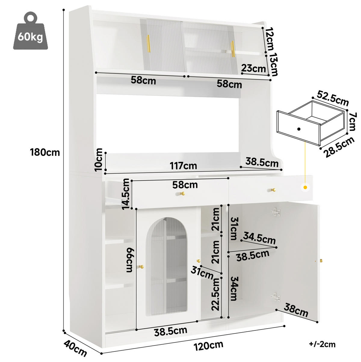 SKŘÍŇ na nádobí 120/40/180 cm bílá z MDF a dřevotřísky s LED osvětlením - bílá, kompozitní dřevo (120/180/40cm) - BEAOK