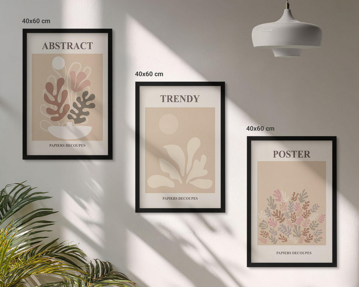 BILDER SET 3er Set - 40x60 cm Schwarzer Rahmen - Pflanzenmotive beige braun - Schwarz, Kunststoff (40/60cm) - TULUP