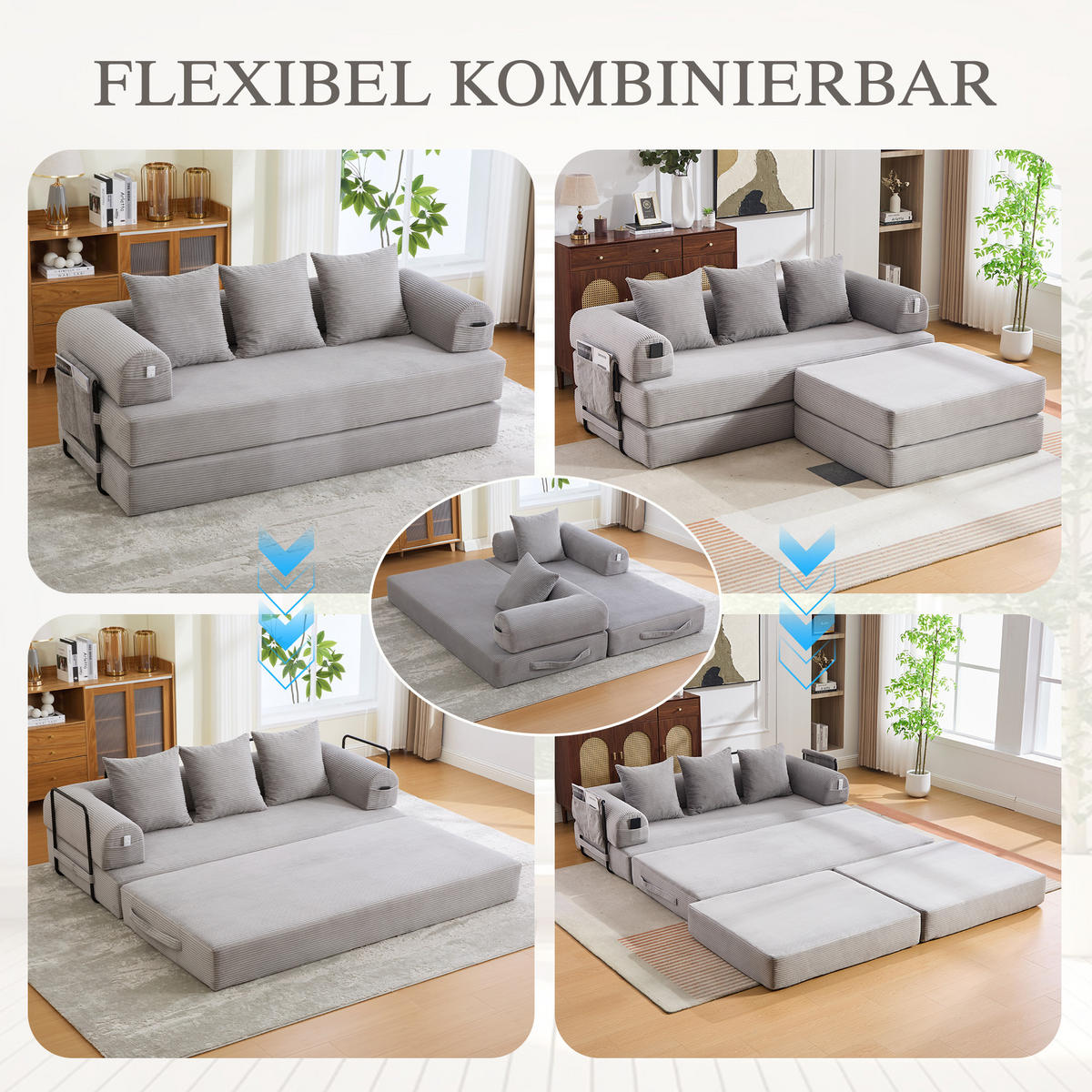 ECKSOFA Cord Hellgrau mit Hocker und Kissen - Hellgrau, Textil/Metall (218/285cm) - WISHDOR