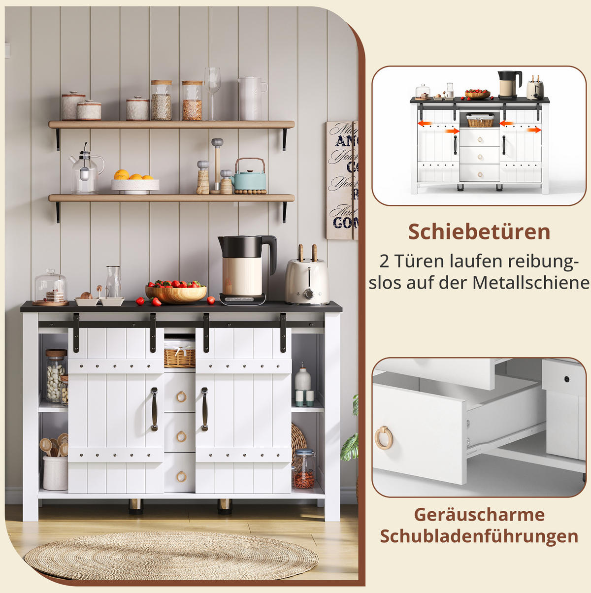 SIDEBOARD mit Schiebetüren und 3 Schubladen 120 cm MDF Weiß - Weiß, Holzwerkstoff (120/80/40cm) - Meubliv