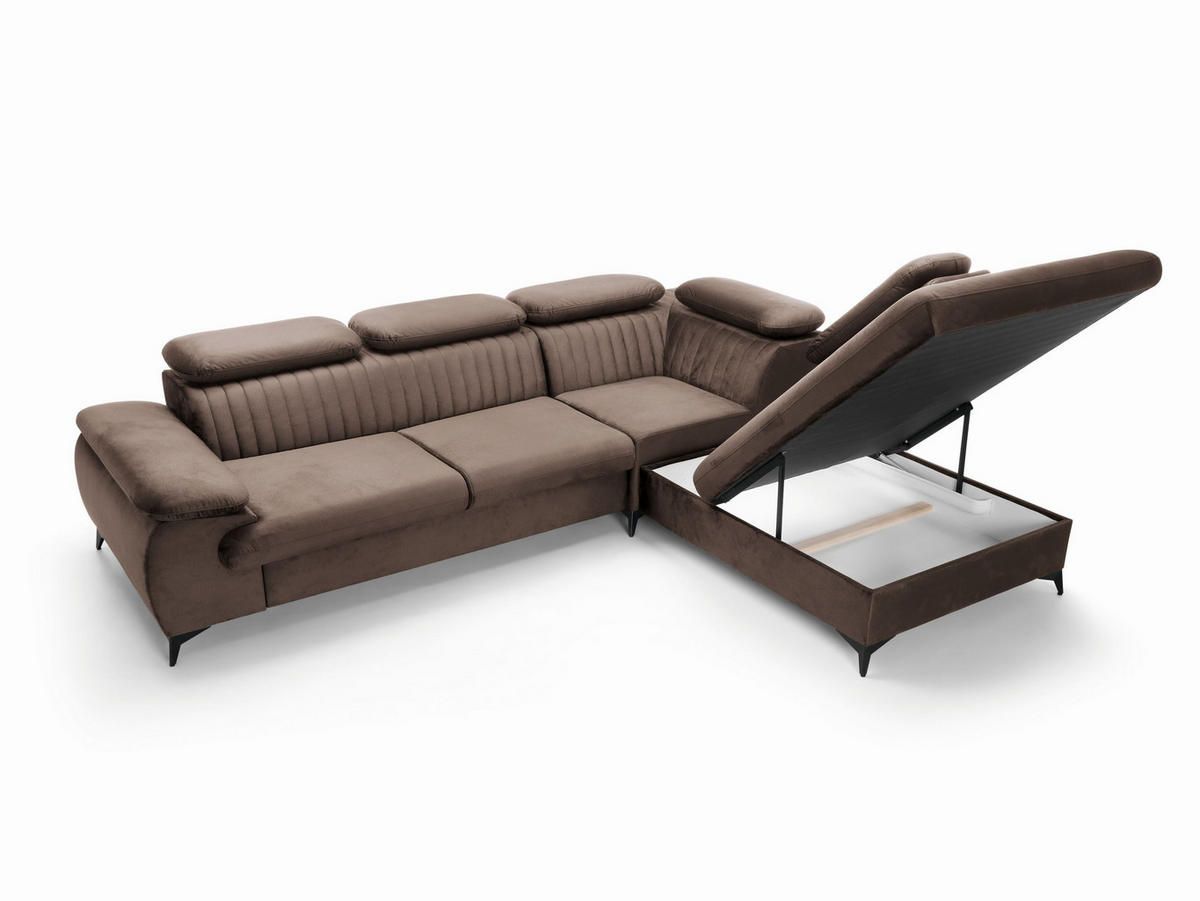 ECKSOFA FIORE Braun Velours-Stoff mit Schlaffunktion - Braun, Holz (275/221cm) - MASSENO