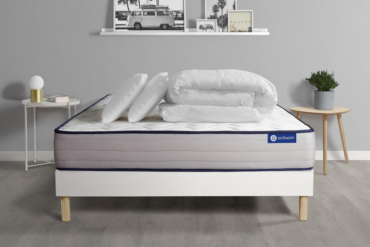 BETT Actimemo form Memory-Schaum 180 x 200 cm h3 - Kit Bettgestell Weiß - Mit Kissen und Bettdecke - Beige/Weiß, Holz/Textil (180/200cm) - ACTISOM