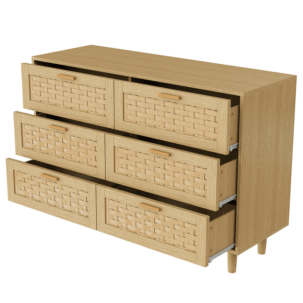 KOMMODE Japandi mit 6 Schubladen in Rattan-Optik 115/40/80 cm Eiche-Dekor - Eichefarben, Holzwerkstoff (115/80/40cm) - Creahappy