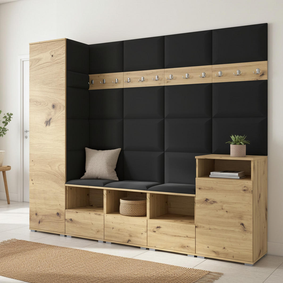 GARDEROBE NELA XI 250 cm (Modulare Flurmöbel Artisan Eiche mit Sitzpolster Schwarz 16 Großes Set) - Silberfarben/Schwarz, Holz/Holzwerkstoff (250/187/40cm) - Ravio