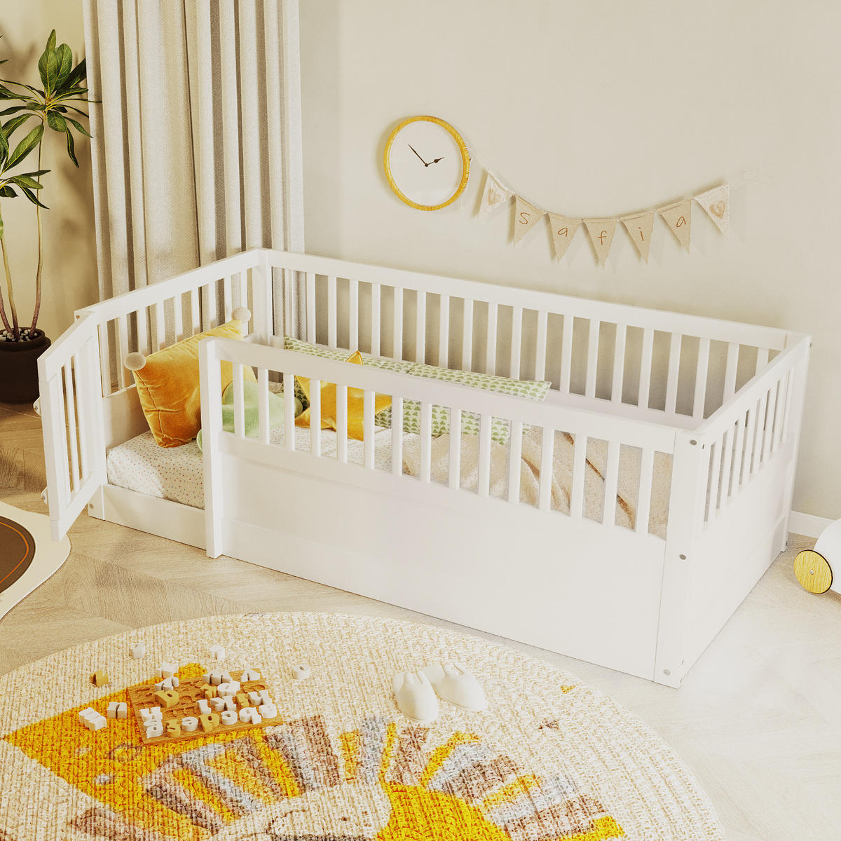 KINDEREINZELBETTEN aus Massivholz 90 x 200 cm in Weiß mit Zaun und Tür - Weiß, Holz (90/200cm) - Modfu