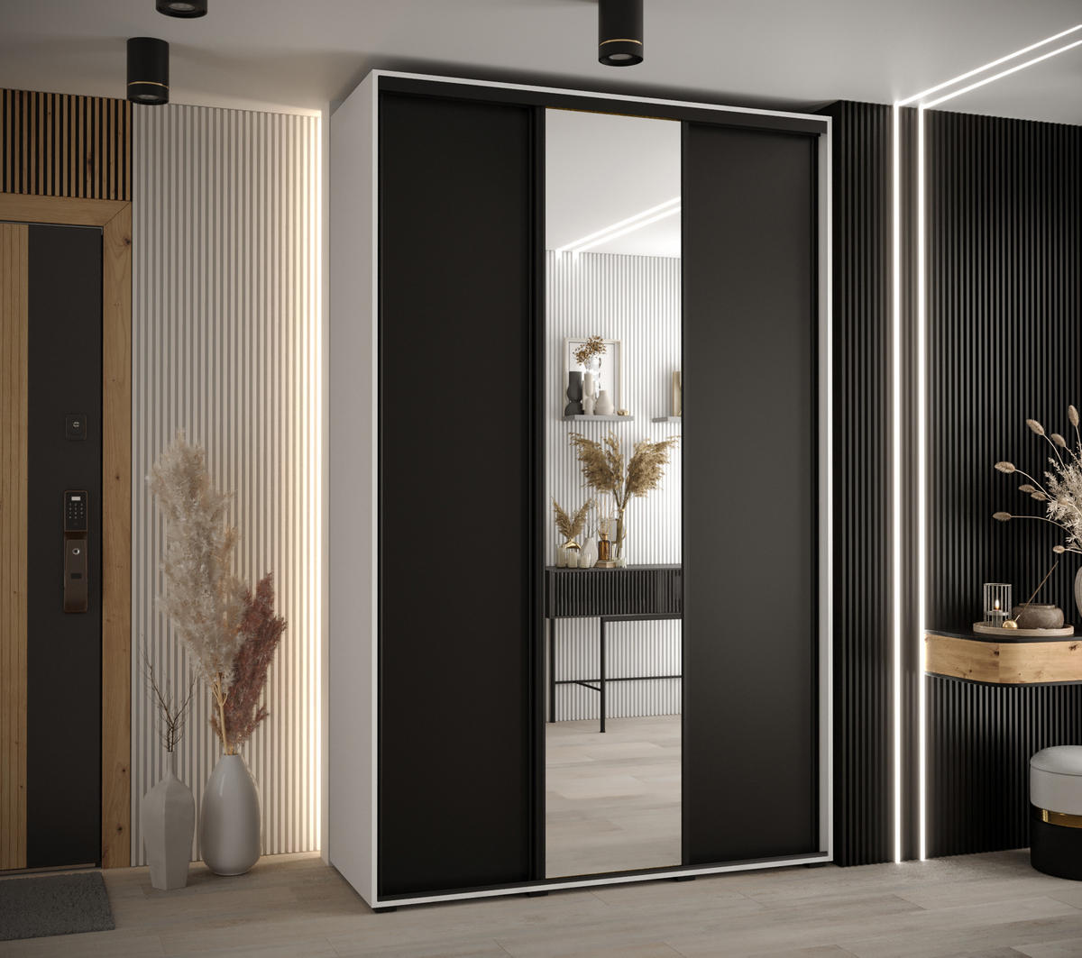 SCHWEBETÜRENSCHRANK 235,2/150/45 3-türig - Schwarz/Weiß, Holz/Metall (150/235/45cm) - Abiks Möbel