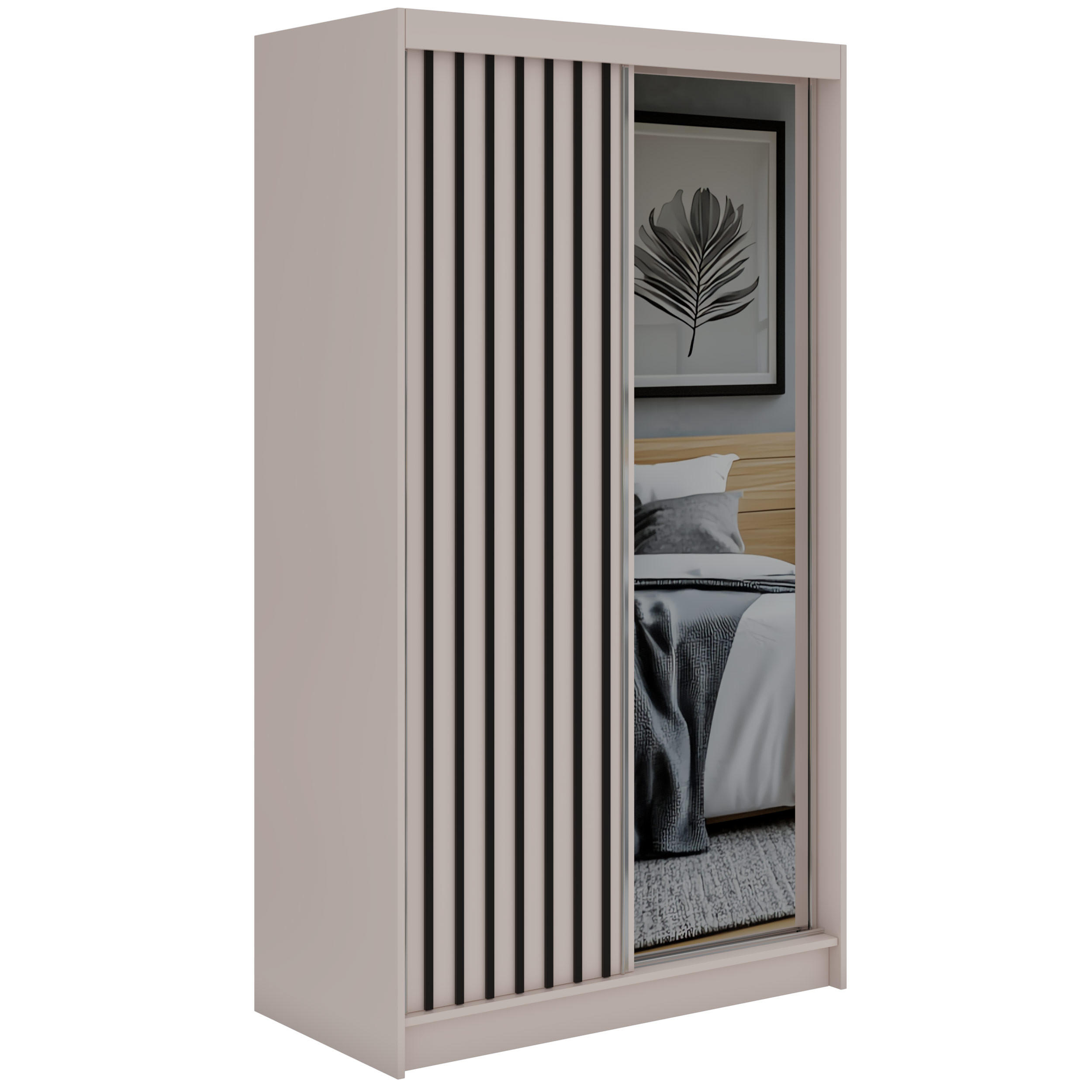 SCHWEBETÜRENSCHRANK mit Spiegel und Schubladen LAOS - 120 - Kaschmir - Schwarz Lamellen - Kaschmir/Schwarz, Holzwerkstoff/Metall (120/216/61cm) - MKS