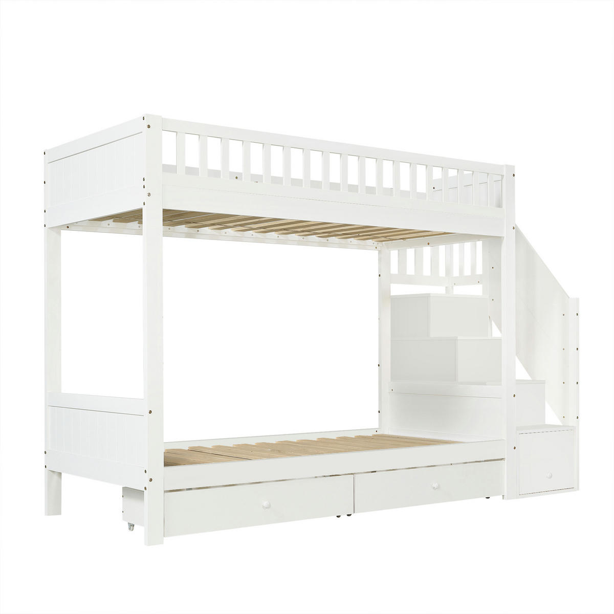 ETAGENBETT 90/200 cm mit Stauraumtreppe und Bettkästen, DE-41747, in Weiß - Weiß, Holzwerkstoff (90/200cm) - ComfortXL