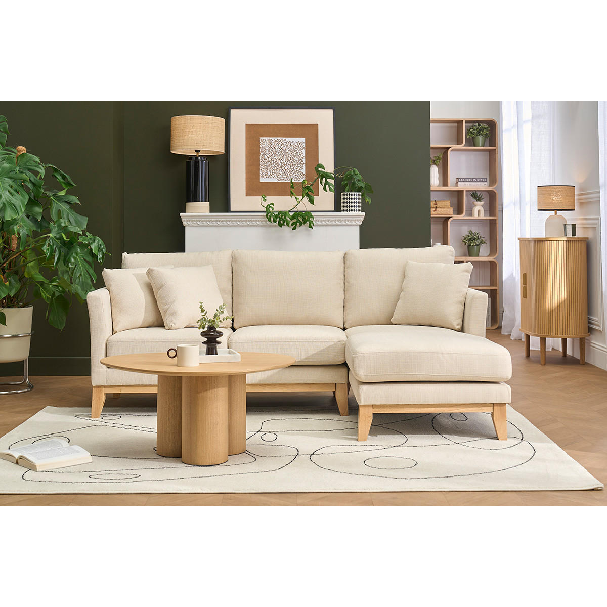 ECKSOFA Rechts 4-Sitzer Stoff Beige Abnehmbar Holz OSLO - Beige, Textil (130/192cm) - Miliboo