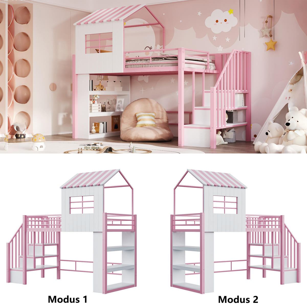 HOCHBETT 90/200 cm in Pink mit Stauraum, Treppe und Regal aus MDF und Metall - Rosa, Holzwerkstoff/Metall (90/200cm) - CHICFURN