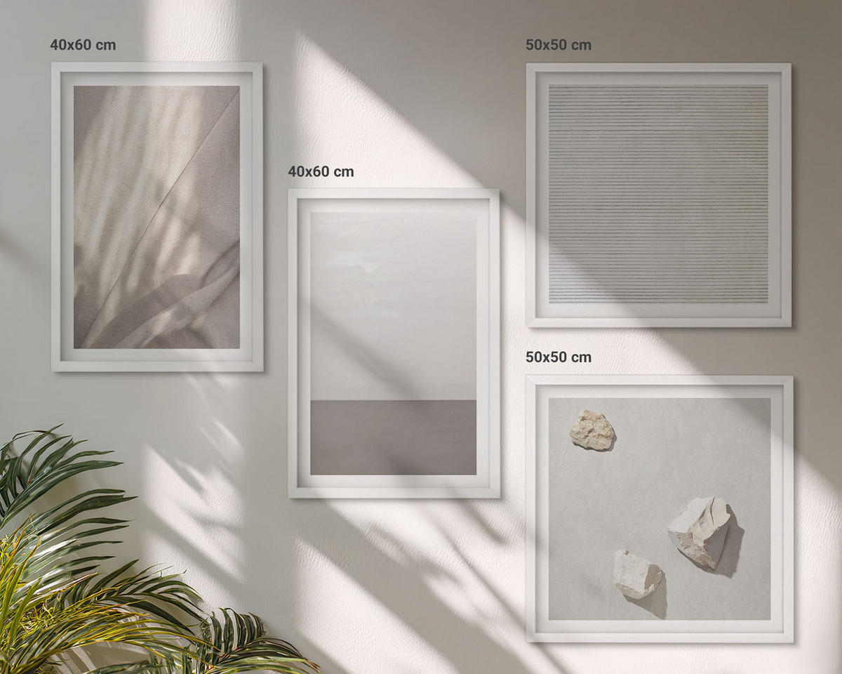 WANDBILDER 4er-Set - 50x50 cm & 40x60 cm Weißer Rahmen - Zarte Boho-Texturen der Natur - Weiß, Kunststoff (50/50cm) - ArtPrintCave